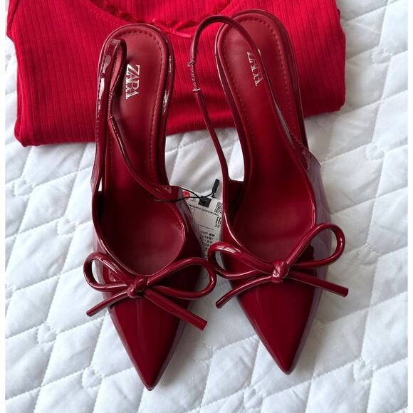 ZARA Patent Pointed Toe Slingback Heels NWT – Red Bow Pumps, Size 6.5–10 - Picture 7 of 16